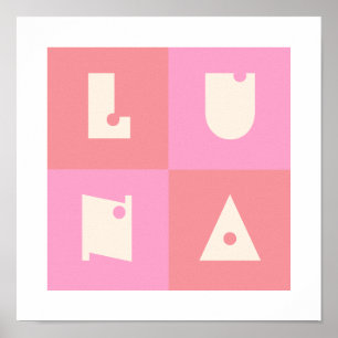 Roze Poster kwekerij muur art decor LUNA naam