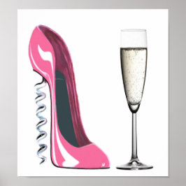 Roze Poster van Stiletto Schoen en Champagne