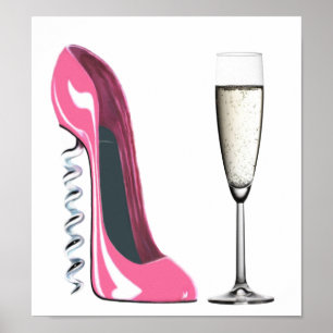 Roze Poster van Stiletto Schoen en Champagne