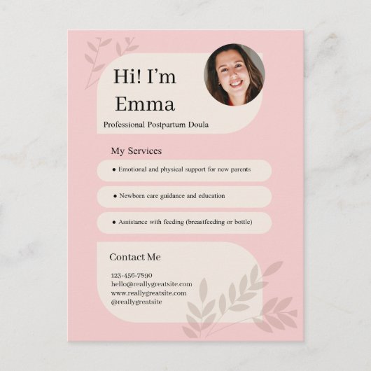 Roze Postpartum Doula Professioneel Design Briefkaart (Voorkant)