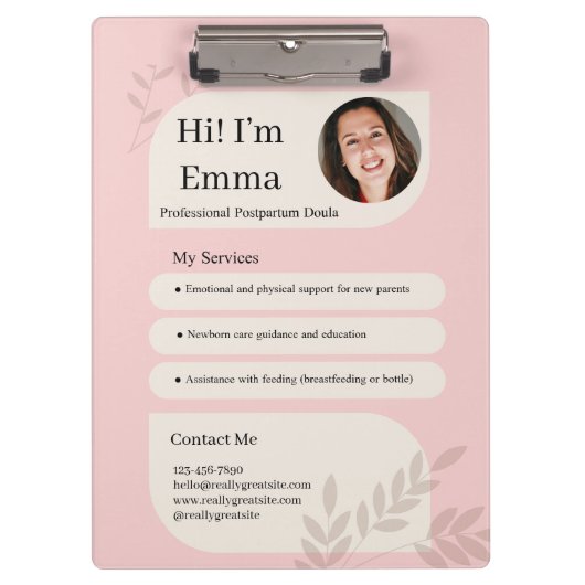 Roze Postpartum Doula Professioneel Design Klembord (Voorkant)