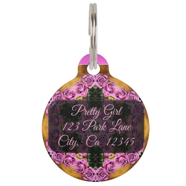 Roze Prancing Posies Huisdierpenning (Voorkant)