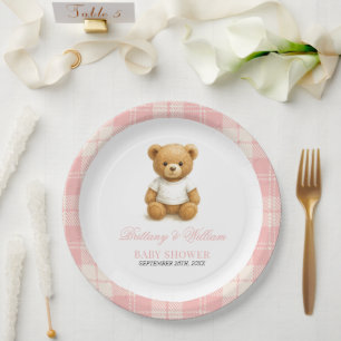 Roze Preppy Beer Elegant Plaid Baby shower Papieren Bordje