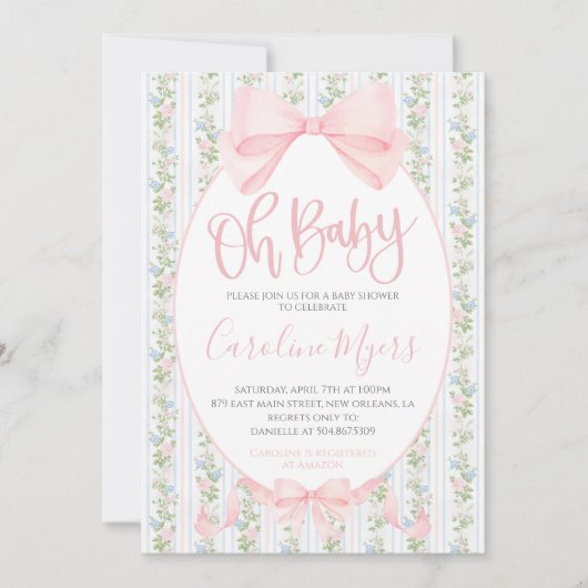 Roze Preppy Bloemen Coquette Bow Baby Meisje Kaart (Voorkant)