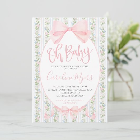 Roze Preppy Bloemen Coquette Bow Baby Meisje Kaart (Staand voorkant)