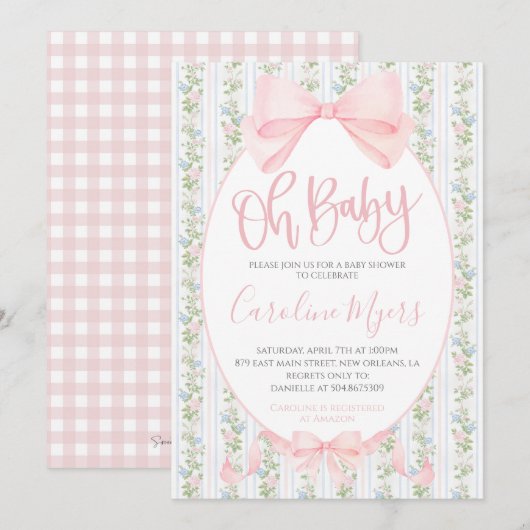 Roze Preppy Bloemen Coquette Bow Baby Meisje Kaart (Voorkant / Achterkant)