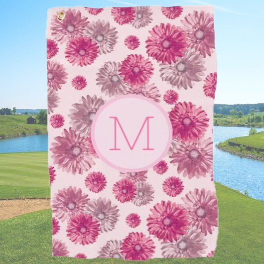 Roze preppy bloemen op maat monogram dames golfhanddoek