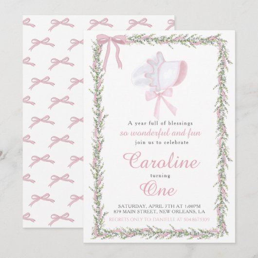 Roze Preppy Bonnet meisje eerste verjaardag Kaart (Voorkant / Achterkant)