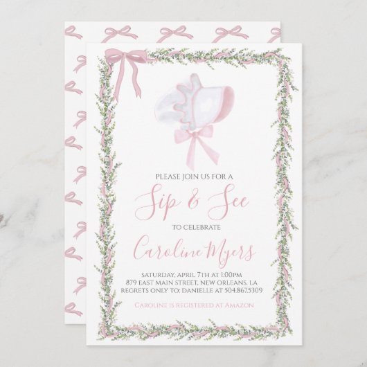 Roze Preppy Bonnet Meisje Sip & See Kaart (Voorkant / Achterkant)