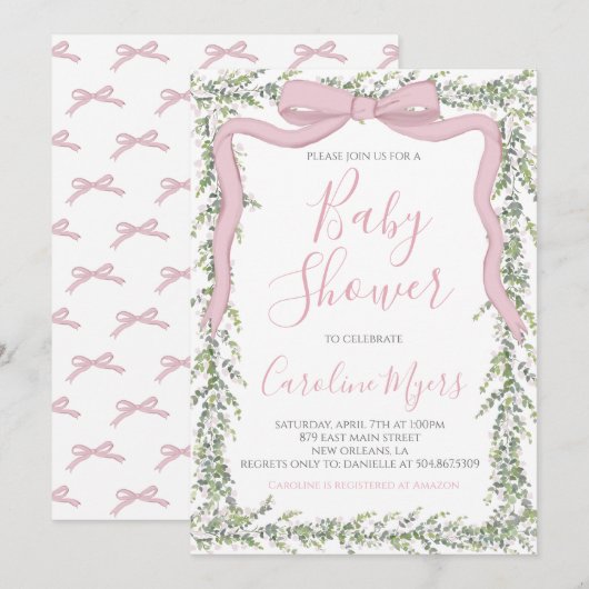 Roze Preppy Bow Ribbon Meisje Baby shower Kaart (Voorkant / Achterkant)