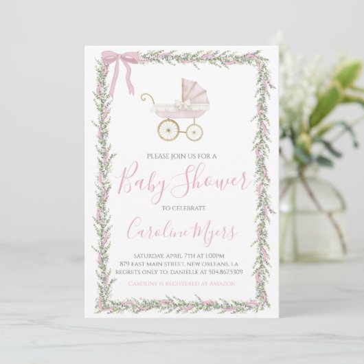 Roze Preppy Carriage Baby Girl Douche Uitnodiging (Staand voorkant)