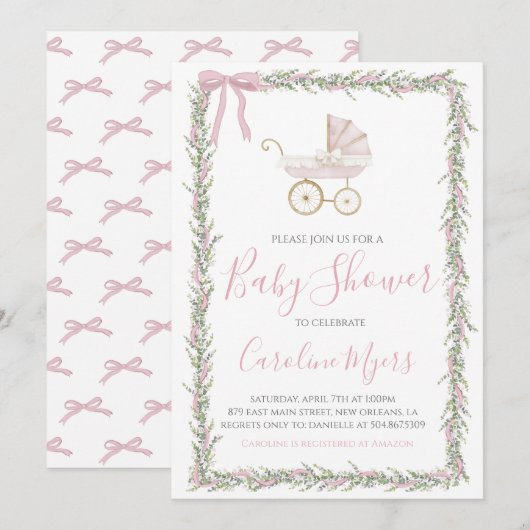Roze Preppy Carriage Baby Girl Douche Uitnodiging (Voorkant / Achterkant)