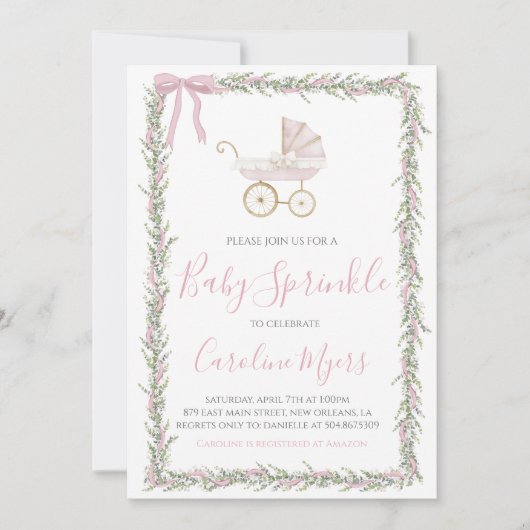 Roze Preppy Carriage Girl Baby Sprinkle Kaart (Voorkant)
