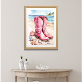 Roze Preppy Cowgirl Kustlaarzen Zand Ocean Beach Poster
