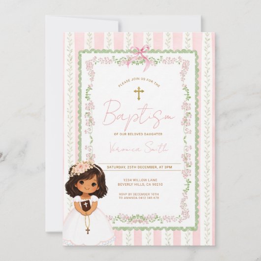 Roze preppy doopfeest uitnodiging voor meisjes (Voorkant)
