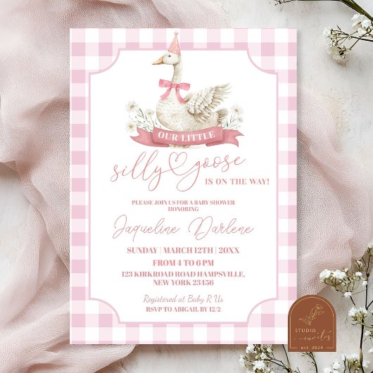 Roze Preppy Dwaze Gans Babyshower Uitnodiging