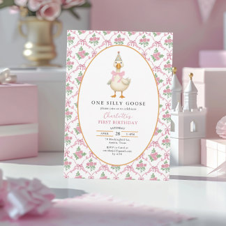 Roze Preppy Eén Dwaze Gans Boog 1e Verjaardag Kaart