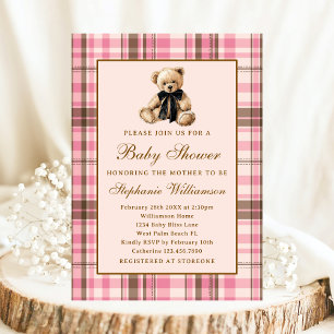Roze Preppy Geruite Vintage Teddybeer Baby Shower Kaart