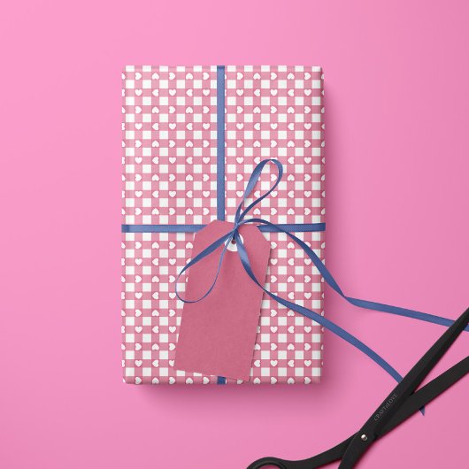 Roze Preppy Gingham Harten- Inpakpapier Rol