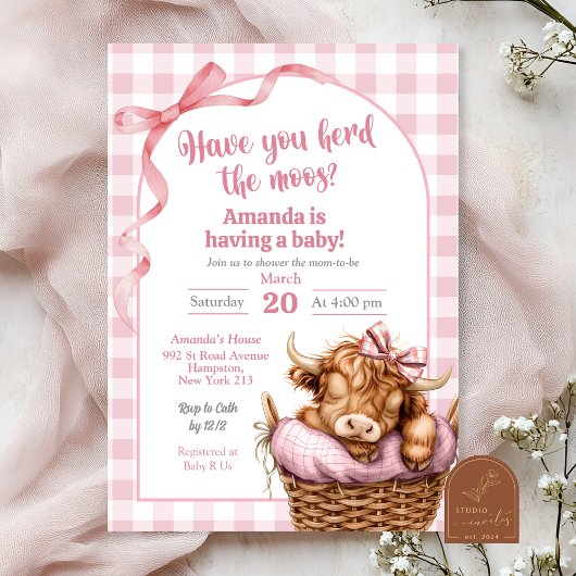Roze Preppy Gingham Koe Baby Shower Kaart