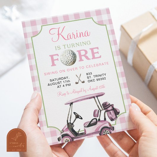 Roze Preppy Golf Meisje 4e Verjaardag Uitnodiging