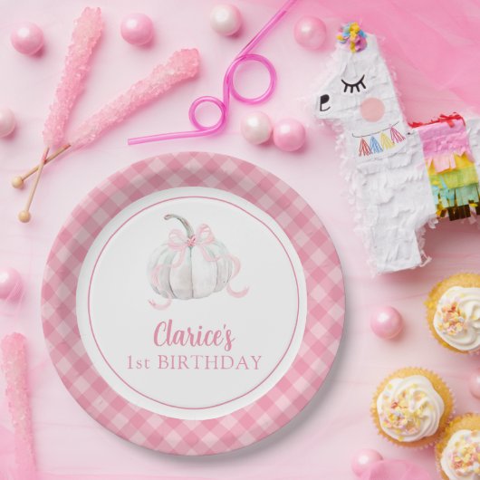 Roze Preppy Pompoen Eerste Verjaardag Papier Bord (Feest)