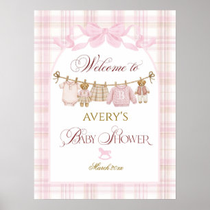 Roze Preppy Teddyshirt Meisje Baby Shower Geruite Poster