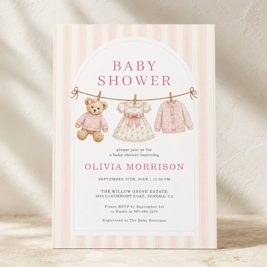 Roze Preppy Teddyshower Baby Shower Uitnodiging