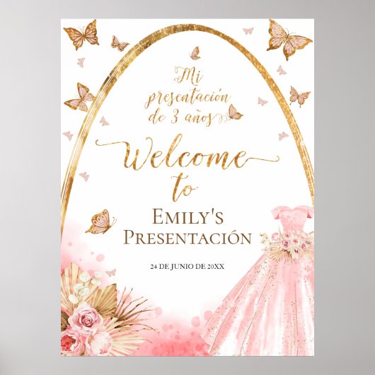 Roze Presentación de 3 Años Spaans Welkomstbord Poster (Voorkant)