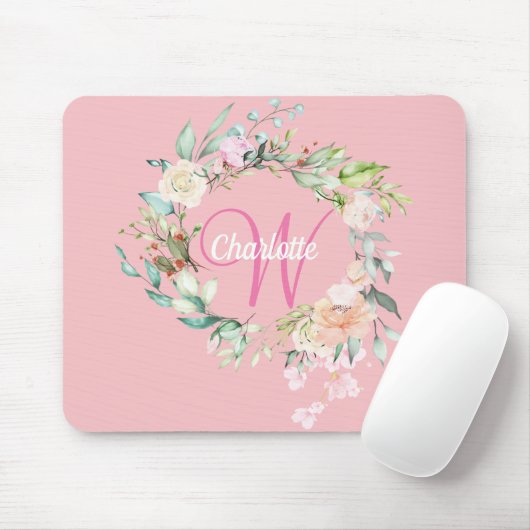 Roze Pretty Initial Script Monogram Rozen Bloemig Muismat (Met muis)