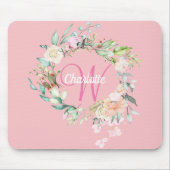 Roze Pretty Initial Script Monogram Rozen Bloemig Muismat (Voorkant)
