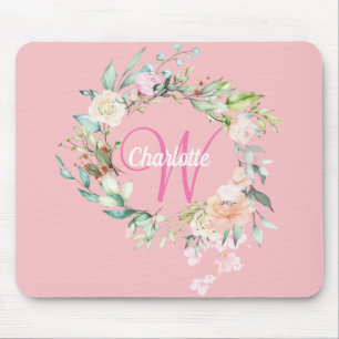 Roze Pretty Initial Script Monogram Rozen Bloemig Muismat