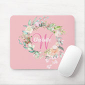 Roze Pretty Initial Script Monogram Rozen Bloemstu Muismat (Met muis)