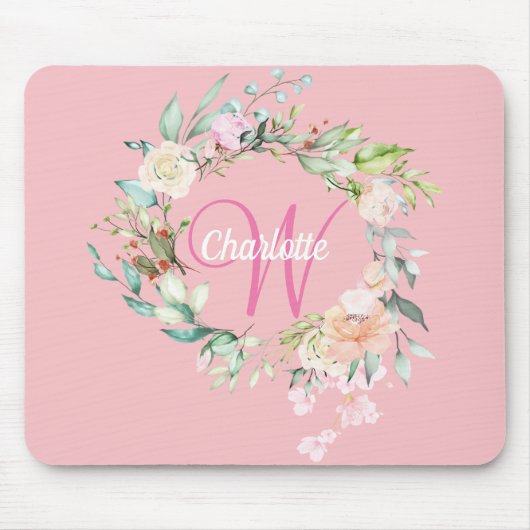 Roze Pretty Initial Script Monogram Rozen Bloemstu Muismat (Voorkant)