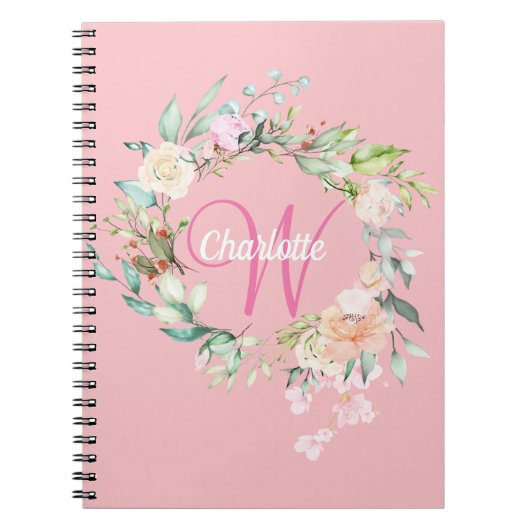 Roze Pretty Roses Bloemige Monogram Notitieboek (Voorkant)