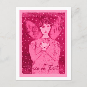 Roze primitieve engel met witte duif kerstkaart feestdagenkaart