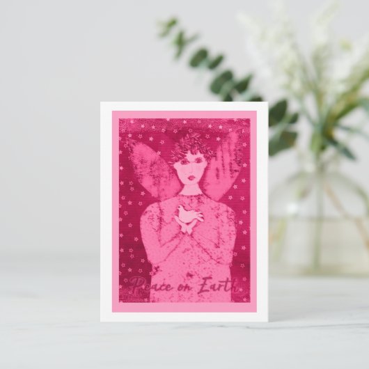 Roze primitieve engel met witte duif kerstkaart feestdagenkaart (Staand voorkant)