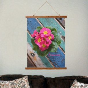 Roze Primroses Blauwgroen Aquw Turquoise Rustic Fl Hangend Wandkleed
