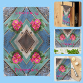 Roze primroses Rustic Blue Green Boatboard Theedoek