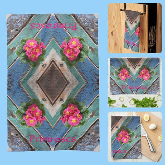 Roze primroses Rustic Blue Green Boatboard Theedoek