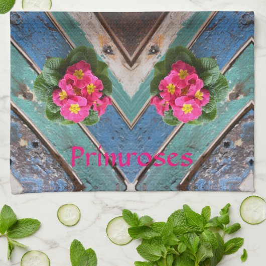 Roze primroses Rustic Blue Green Boatboard Theedoek (Gevouwen)