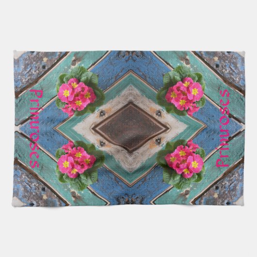 Roze primroses Rustic Blue Green Boatboard Theedoek (Horizontaal)