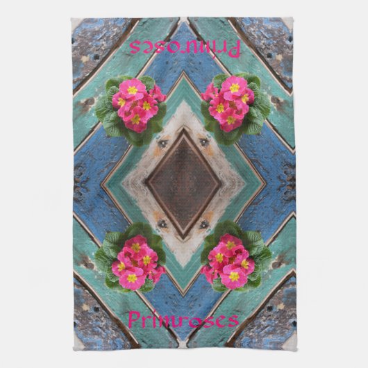 Roze primroses Rustic Blue Green Boatboard Theedoek (Verticaal)