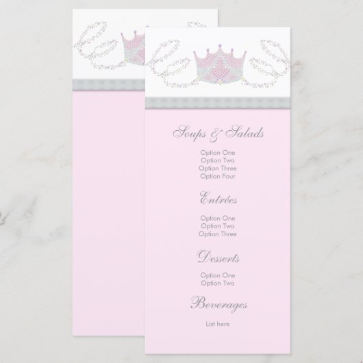 Roze Princess Baby Meisje Douche Menu Rack Kaarten (Voorkant / Achterkant)