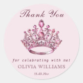 Roze  Princess Crown Verjaardag Meisje Ronde Sticker (Voorkant)