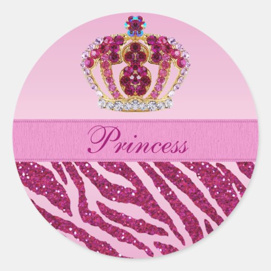 Roze Princess Crown Zebra Glitter Print Stickers (Voorkant)