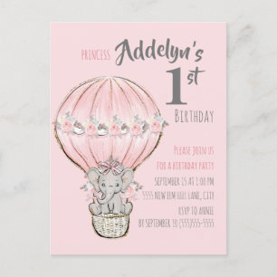 Roze Princess Elephant Hot Air ballonballon Uitnodiging Briefkaart