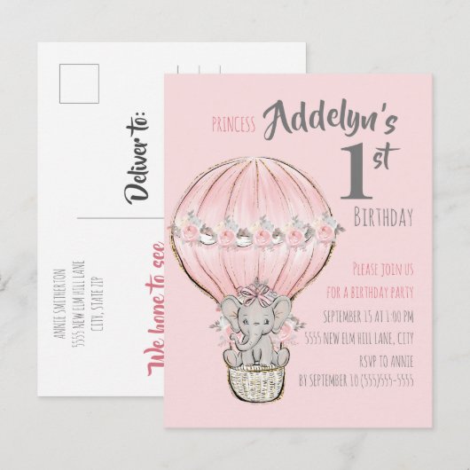Roze Princess Elephant Hot Air ballonballon Uitnodiging Briefkaart (Voorkant / Achterkant)