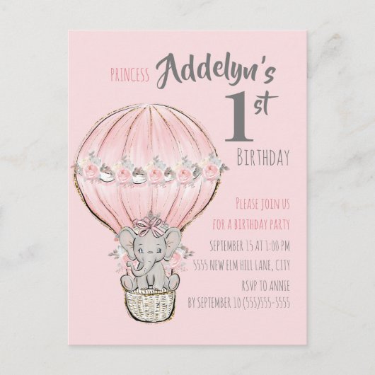 Roze Princess Elephant Hot Air ballonballon Uitnodiging Briefkaart (Voorkant)