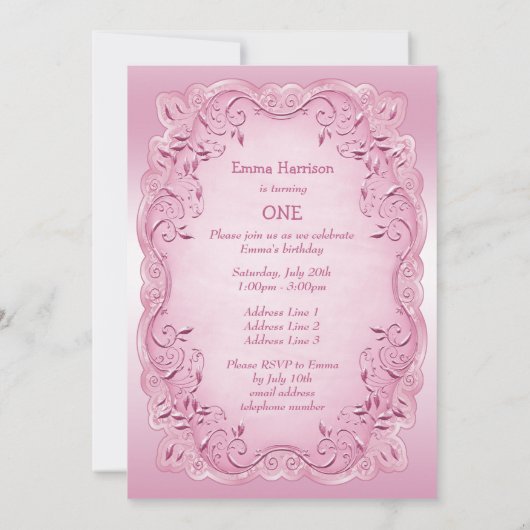 Roze  Prinses 1e Verjaardagsfeest Kaart (Achterkant)